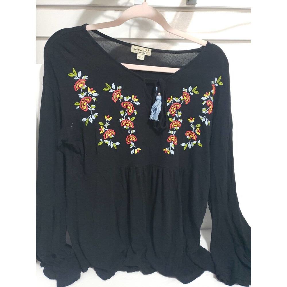One World Live and Let Live top black floral embellished Size L